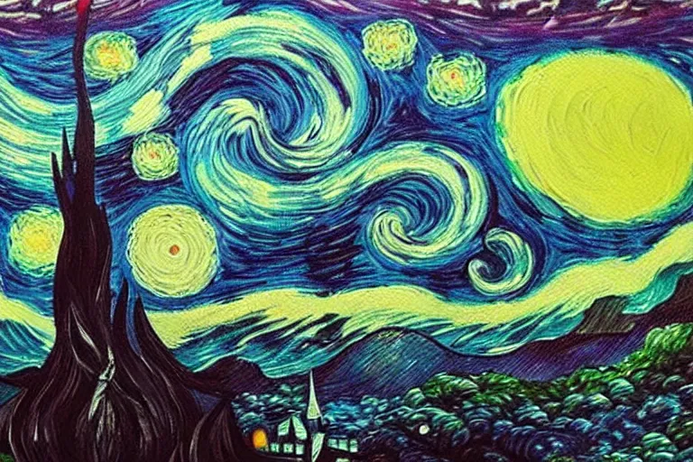 Image similar to man is seeing old god cthulhu terrifying the night sky of a city, epic scene oil painting hyper - detailed realistic dark van gogh style