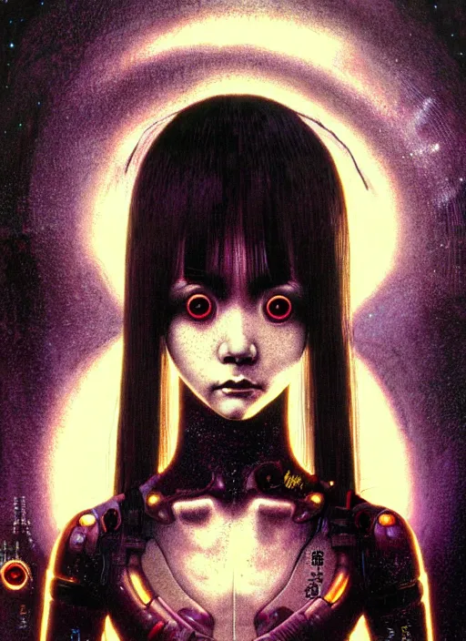 Image similar to japanese sci fi horror girl with big eyes, character portrait, portrait, close up, concept art, intricate details, highly detailed, vintage sci - fi poster, in the style of chris foss, rodger dean, moebius, michael whelan, and gustave dore