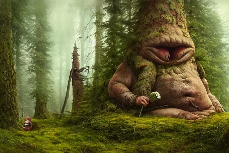 Image similar to huge troll in a swedish forest, very low angle photograph, very detailed, trending on artstation, realistic, soft colors, illustration by john bauer, simon stålenhag