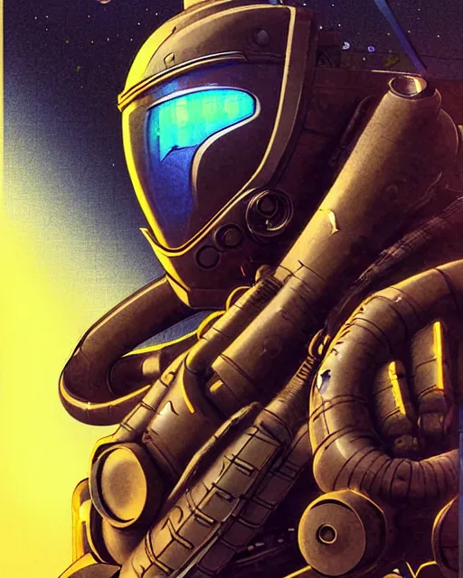 Prompt: hanzo from overwatch, cyber suit, hologram mask, character portrait, portrait, close up, concept art, intricate details, highly detailed, vintage sci - fi poster, retro future, vintage sci - fi art, in the style of chris foss, rodger dean, moebius, michael whelan, and gustave dore