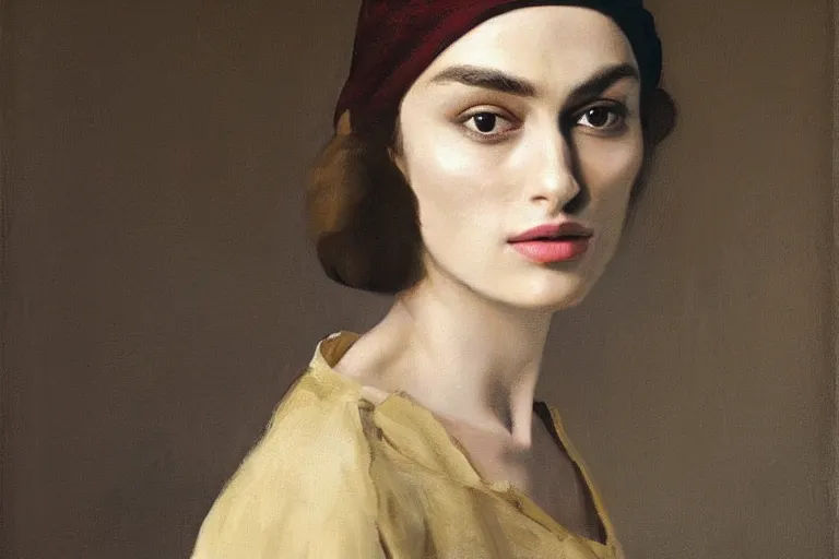 Prompt: beautiful portrait of kira knightley painted by vermeer