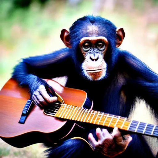 Image similar to chimpanzee with long brown human hair, long face, playing acoustic guitar