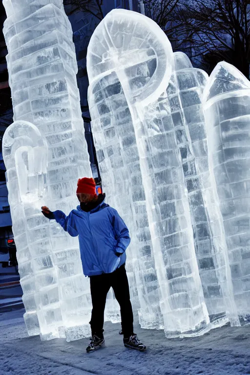 Prompt: transparent ice sculpture of man in sportswear jacket, intricate sculpture, cold, winter, street photo