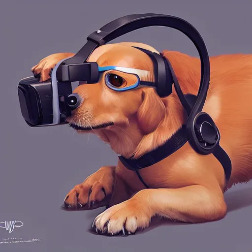 Image similar to a dog wearing a VR headset on its head. By Makoto Shinkai, Stanley Artgerm Lau, WLOP, Rossdraws, James Jean, Andrei Riabovitchev, Marc Simonetti, krenz cushart, Sakimichan, trending on ArtStation, digital art.