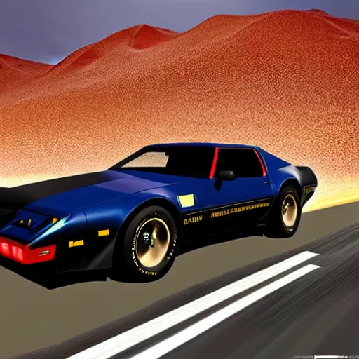 Prompt: hyperdetailed, photorealistic photograph of a 1 9 8 2 pontiac firebird trans - am driving in the desert, rain, night, dense fog, hd, unreal engine 5 by greg rutowski, by stanley artgerm, by alphonse mucha