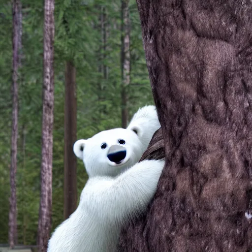 Image similar to pixar still, polar bear, cute polar bear,located in the forest