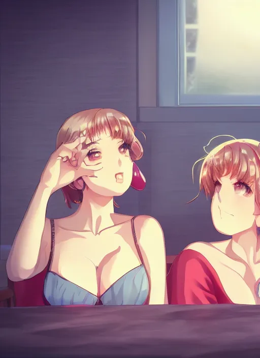 Prompt: two beautiful mature women sitting on a hot summer evening, gorgeous faces, thick lines, cinematic lighting, detailed anime art