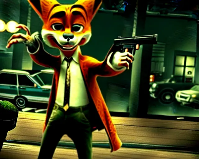 Image similar to nick wilde as max payne in max payne 3 set in gritty neo - noir zootopia, favela level