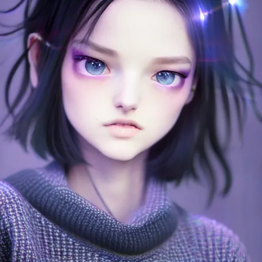 Image similar to beautifully pretty stoner girl, 2 2 years old, black sweater, grey checkered skirt, very cute features, glittery short black hair, blue eyes, universal volumetric lighting, soft glow, by range murata, highly detailed intricately sharp focus, trending on pinterest, unreal engine 5 4 k uhd image