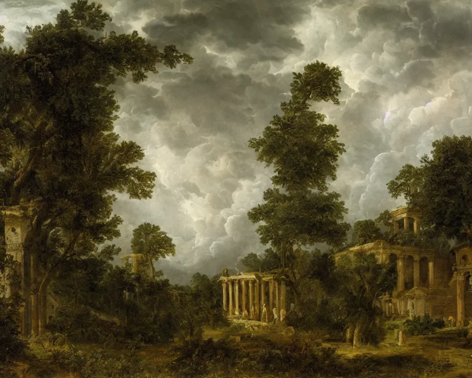 Prompt: landscape painting of Roman basilica overgrown with verdant foliage, during a thunderstorm, by hermann corrodi.