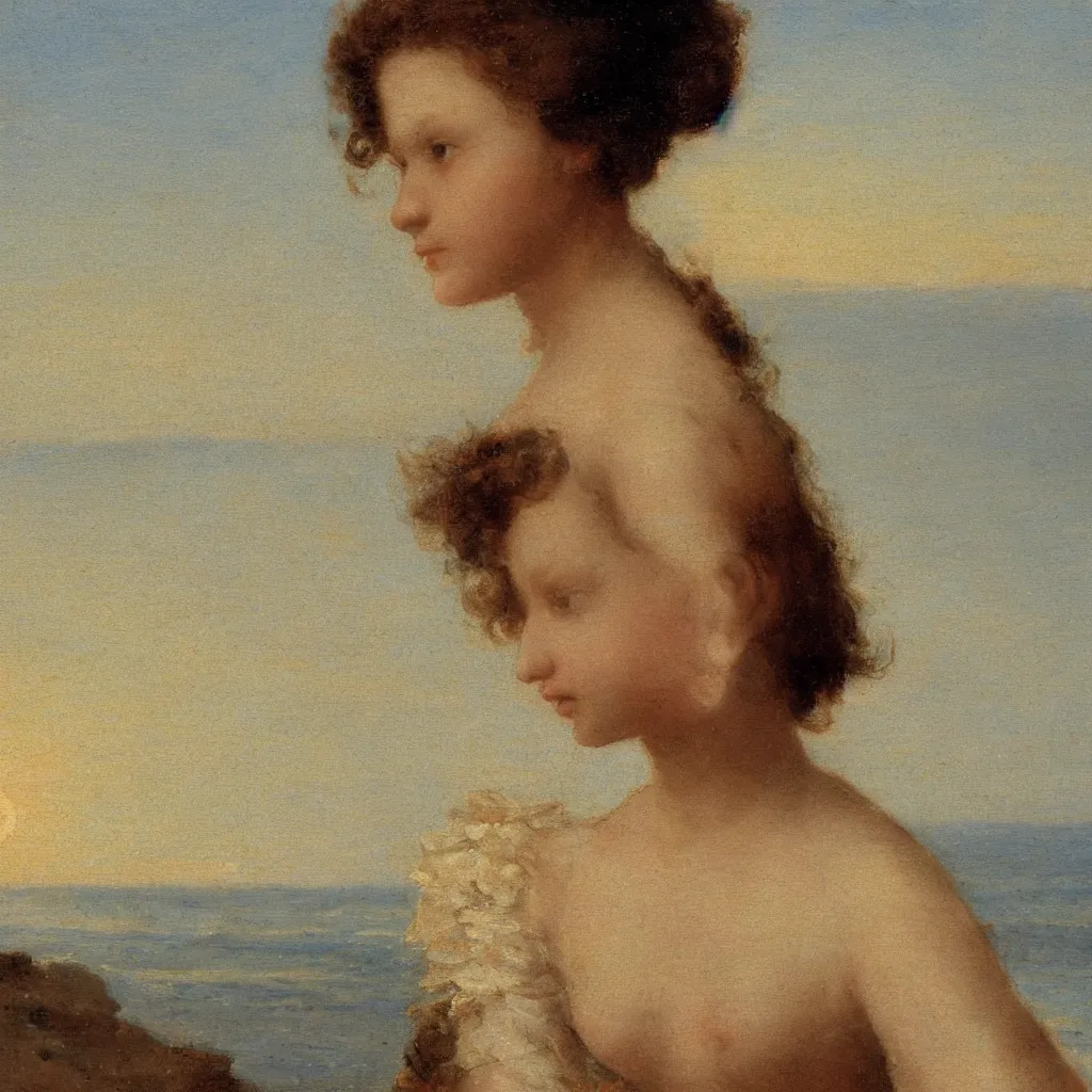 Image similar to close up of a girl on the beach,sunset, atVille Franche sur Mer by Claude Lorraine