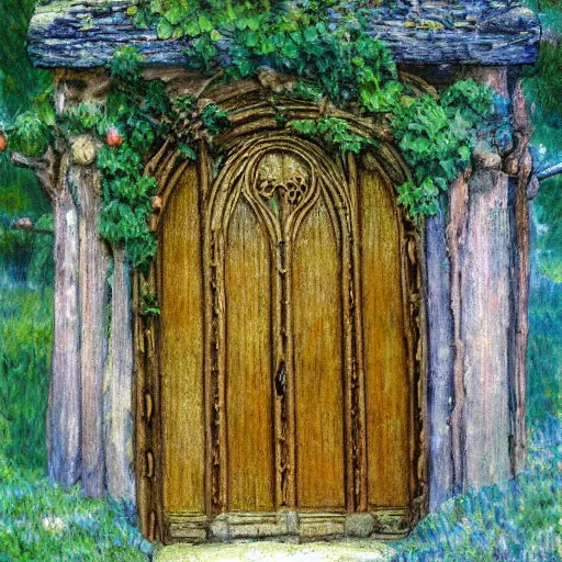 Prompt: Ornate Wooden Door at the entrance of the Elven Dwelling, impressionistic painting