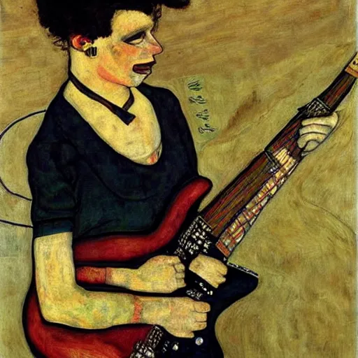 Image similar to Punk Punk Punk girl playing electric guitar, oil painting by Egon Schiele, masterpiece