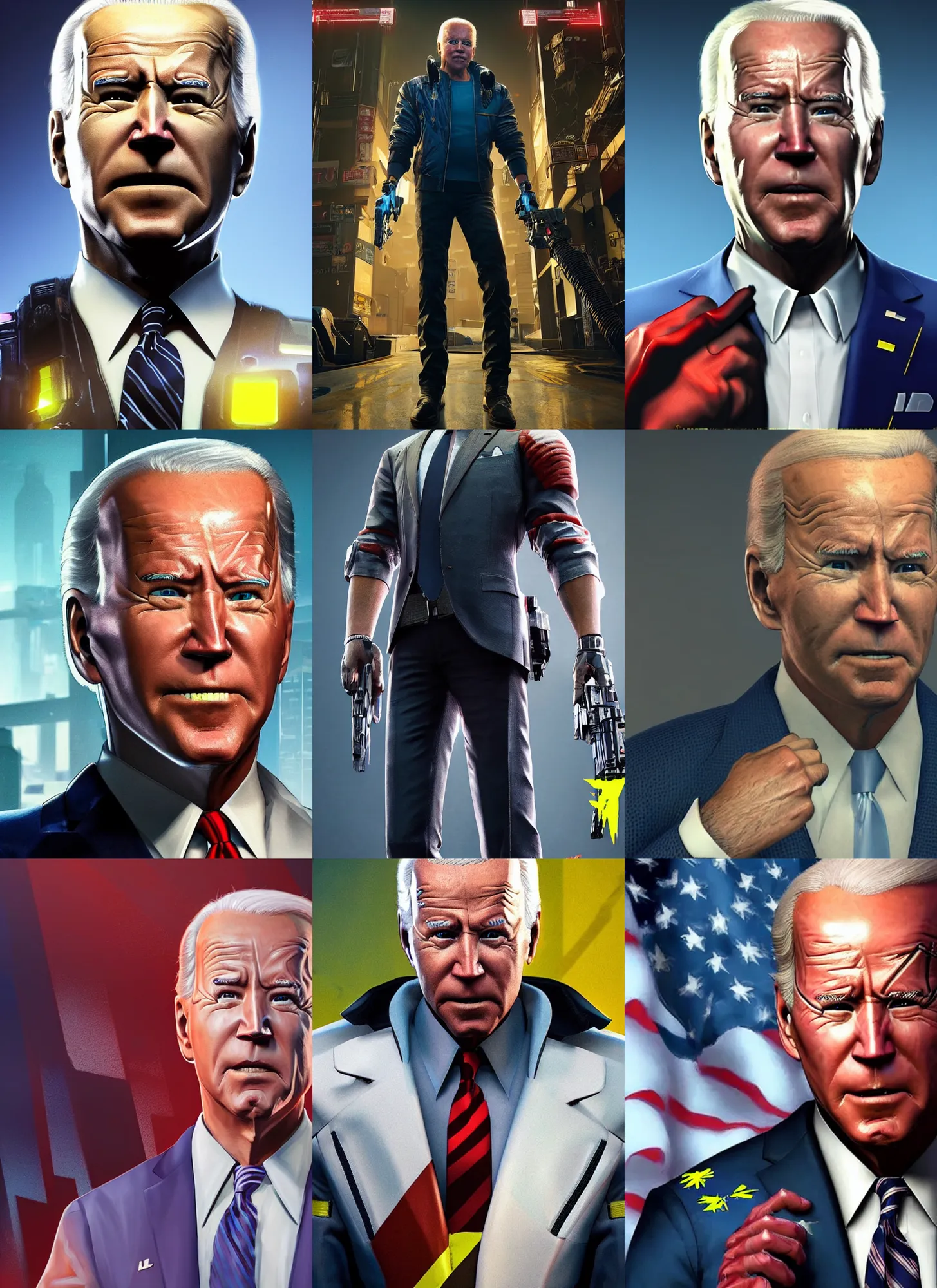 Prompt: full body character portrait of joe biden in cyberpunk 2 0 7 7, 8 k, ray tracing, ambient occlusion, subsurface scattering, ps 5, joe biden, realistic face, realistically rendered face, realistically proportioned face, realistically proportioned head, photorealistic eyes