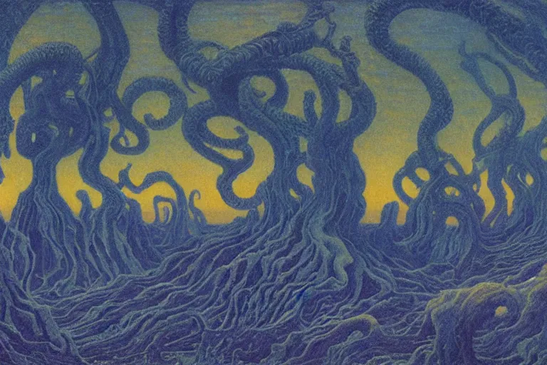 Prompt: lovecraftian landscape, another world by Jean Delville