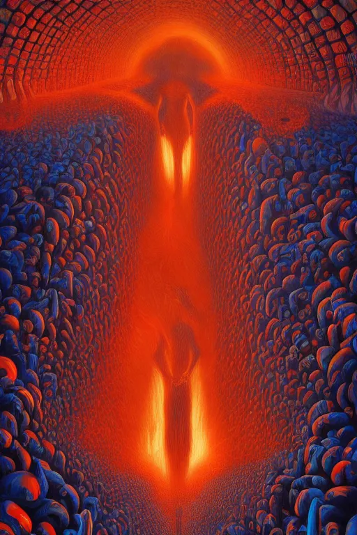 Prompt: massive large human figure in center of psychdelic city blaze of glory dreamworld in the underworld, surrealist and abstract digital art trending on artstation by artist Rob Gonsalves and Mark Riddick supreme peace immense knowledge black red orange navy gold dmt art