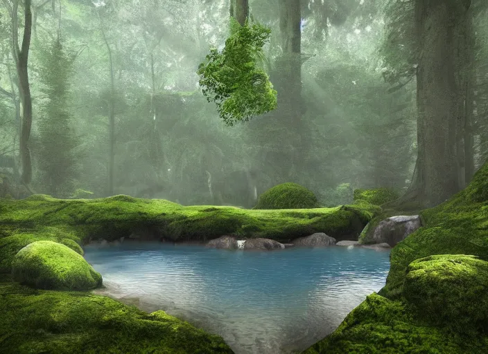 Image similar to A natural pool in a forest with tall trees, overgrown with moss, surrounded by lush plants, vines hanging from the tall trees, pine trees, detailed, digital art, trending on Artstation, atmospheric, volumetric lighting, hyper-realistic, Unreal Engine, sharp