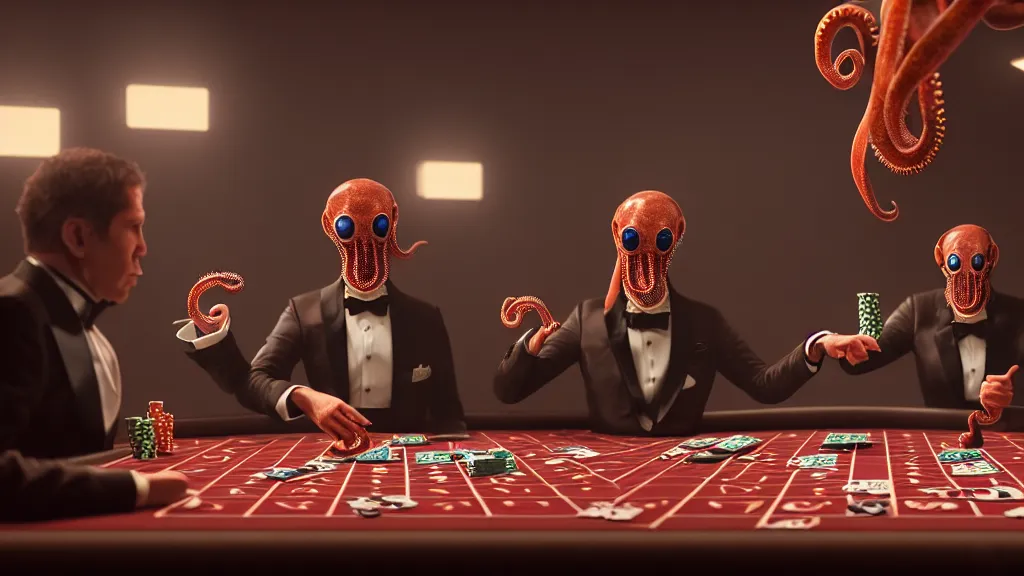 Image similar to hyperrealism simulation highly detailed human octopuses'wearing detailed tuxedos and smoking, playing poker in surreal scene from cyberpunk movie from future by wes anderson and denis villeneuve and mike winkelmann rendered in blender and octane render