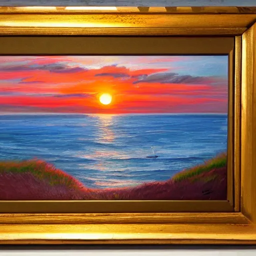 Image similar to sunset over a wooden cabin on the coast in the distance, sea, oil painting, very detailed, colorful