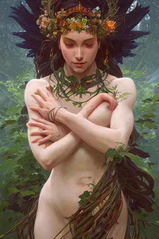 Image similar to goddess of nature, accurate anatomy, only two hands, highly detailed, digital painting, artstation, concept art, smooth, sharp focus, illustration, Unreal Engine 5, 8K, art by Ross Tran and greg rutkowski and alphonse Mucha