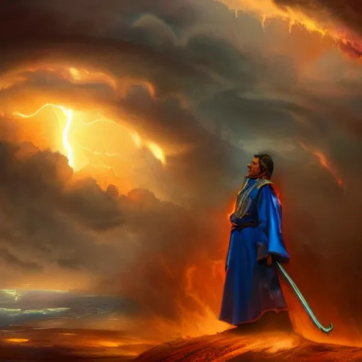 Prompt: Mage wearing blue robes summoning a Tornado, matte painting, cinematic, Artstation