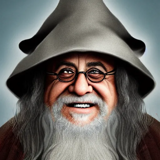 Image similar to portrait danny devito as gandalf, deviantart, smile, ultra realistic illustration, final fantasy