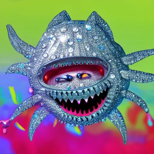 Image similar to A diamond encrusted killer fish with jeweled teeth, very scary