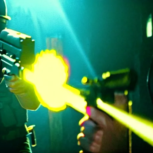 Image similar to high detail movie still of spongebob squarepants shooting an ak - 4 7 machine gun with muzzle flash, cinematic framing rule of thirds, cinematic light, hard shadows, in the style of the movie lone survivor,