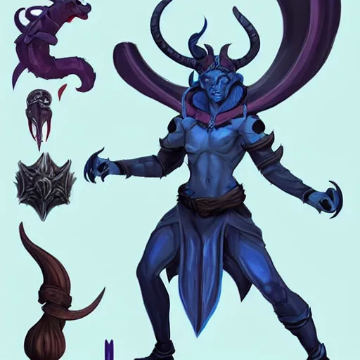 Prompt: D&D character concept art of a tiefling, tiefling rogue, blue skin color with short horns and a devil tail, casual pose of a Rogue holding daggers, full body pose, soft colors, fantasy, intricate, elegant, highly detailed, digital painting, artstation, concept art, smooth, sharp focus, illustration, wide angle shot, full body visible, art by artgerm and H R Giger and alphonse mucha