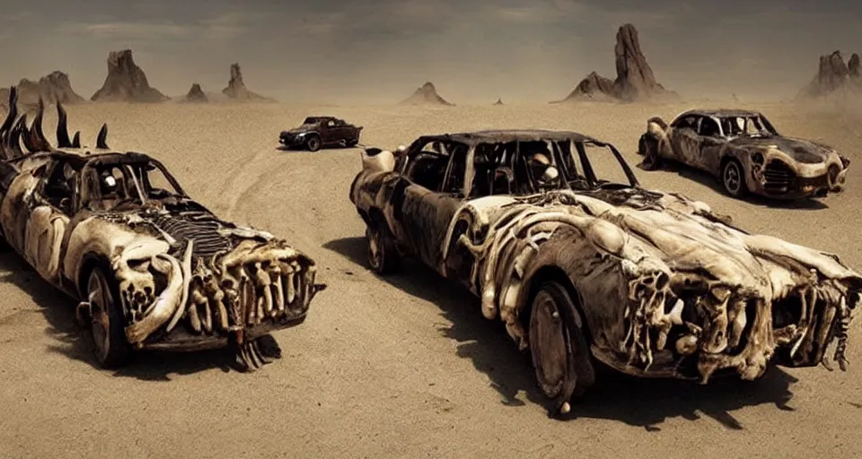 Prompt: mad max cars made out of bones, horns and shells, cinematic lighting,