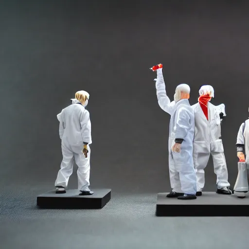 Image similar to a group of scientists afraid of the evil machine they've created, as action figures, mini model, toy diorama