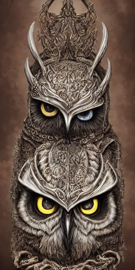 Image similar to sideview waist up portrait of owl wear baphomet armor made with porcelain by jeff easley and peter elson, beautiful eyes and face, symmetry face, galaxy, gothic, surreal, dread, highly detailed, intricate complexity, epic composition, magical atmosphere, masterpiece, award winning, trending on artstation