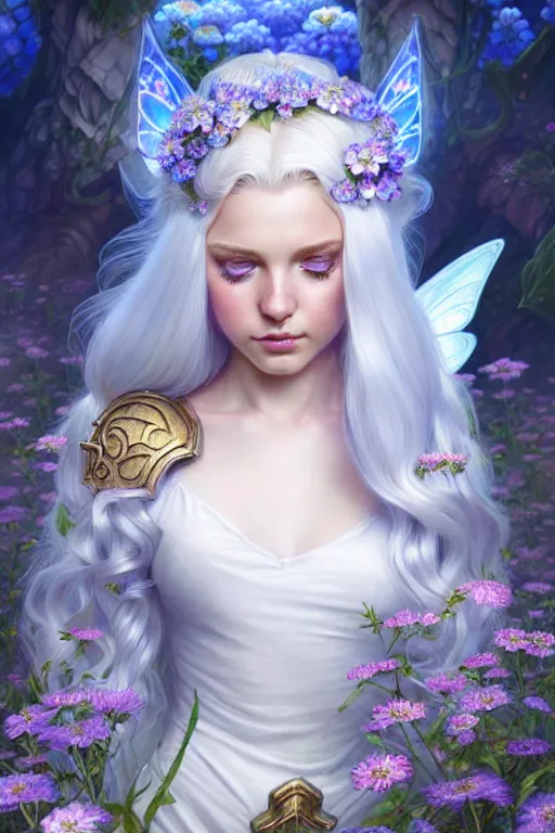 Prompt: highly detailed illustration beautiful white - haired fairy princess in a flower garden, wonderful blue eyes, deep focus, d & d, fantasy, complex, elegant, highly detailed, digital painting, artstation, concept art, matte, clear focus, illustration, hearthstone, art by artgerm and greg rutkowski and alphonse mucha