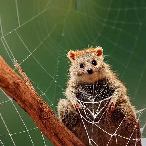 Prompt: spider quokka hybrid, weaving an intricate web, 🕷, happy, bold natural colors, national geographic photography, masterpiece, in - frame, canon eos r 3, f / 8. 0, iso 2 0 0, 1 / 1 6 0 s, 8 k, raw, unedited, symmetrical balance, wide angle