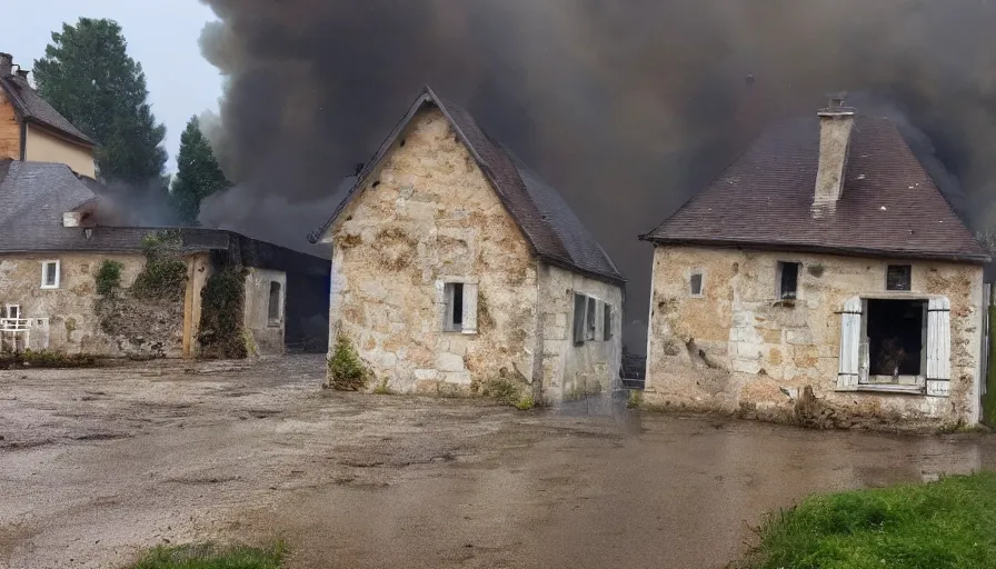 Image similar to mini dv camera footage of a heavy heavy burning french style little house, heavy rain, in a small northern french village, heavy grain, very low quality, high detail, dramatic light