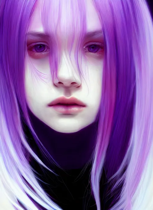 Image similar to hair whitebangs hair, black hair, whitebangs, portrait of teenage girl with white bangs, red irises, purple clothes, white bangs, bangs are different color from hair, intricate, elegant, glowing lights, highly detailed, digital painting, artstation, concept art, smooth, sharp focus, illustration, art by wlop, mars ravelo and greg rutkowski