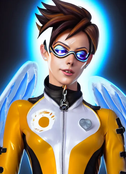Image similar to portrait bust digital artwork of tracer overwatch, wearing white iridescent rainbow latex and leather straps catsuit outfit, 4 k, expressive happy smug expression, makeup, in style of mark arian, angel wings, wearing detailed black leather collar, chains, black leather harness, detailed face and eyes,