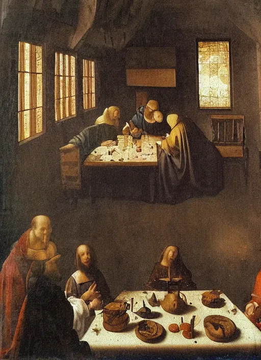 Image similar to a candlelit table at the inn, evening, dark room, two young people sitting at the table, swirling smoke, dark smoke, realistic, in the style of leonardo da vinci, dutch golden age, amsterdam, medieval painting by jan van eyck, johannes vermeer, florence