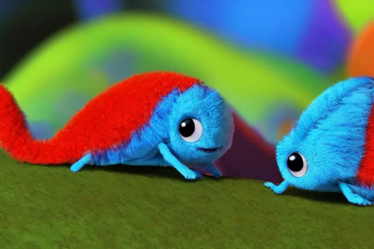 Image similar to disney pixar's a bug's life, cgi caterpillar colorful, furry caterpillar