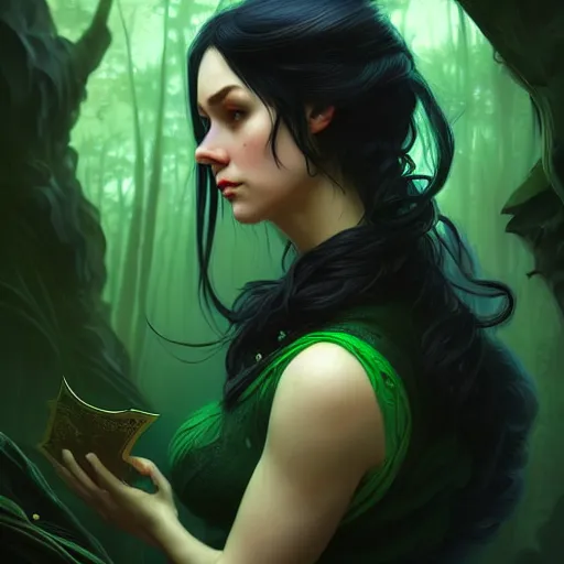 Prompt: wide angle, rogue, green black blue color palette, focused, forest, female, d & d, fantasy, intricate, elegant, highly detailed, long jet black hair, digital painting, artstation, octane render, concept art, matte, sharp focus, illustration, hearthstone, art by artgerm, alphonse mucha johannes voss