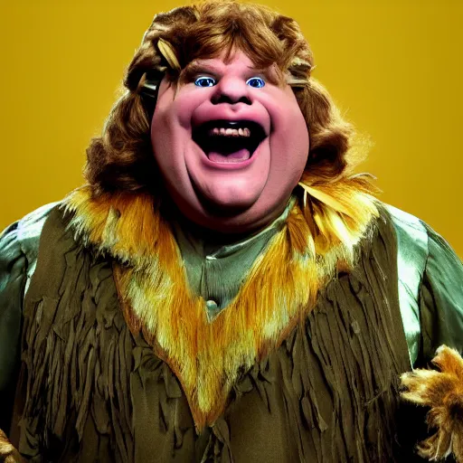 Image similar to snl chris farley as the cowardly lion of oz, studio poster photography, trending on artstation, featured on deviantart, award winning costume