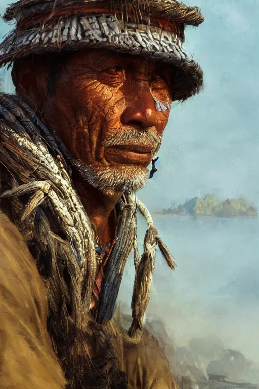 Image similar to aztec fisherman, close - up portrait, poor, intricate, elegant, volumetric lighting, scenery, digital painting, highly detailed, artstation, sharp focus, illustration, concept art, ruan jia, steve mccurry