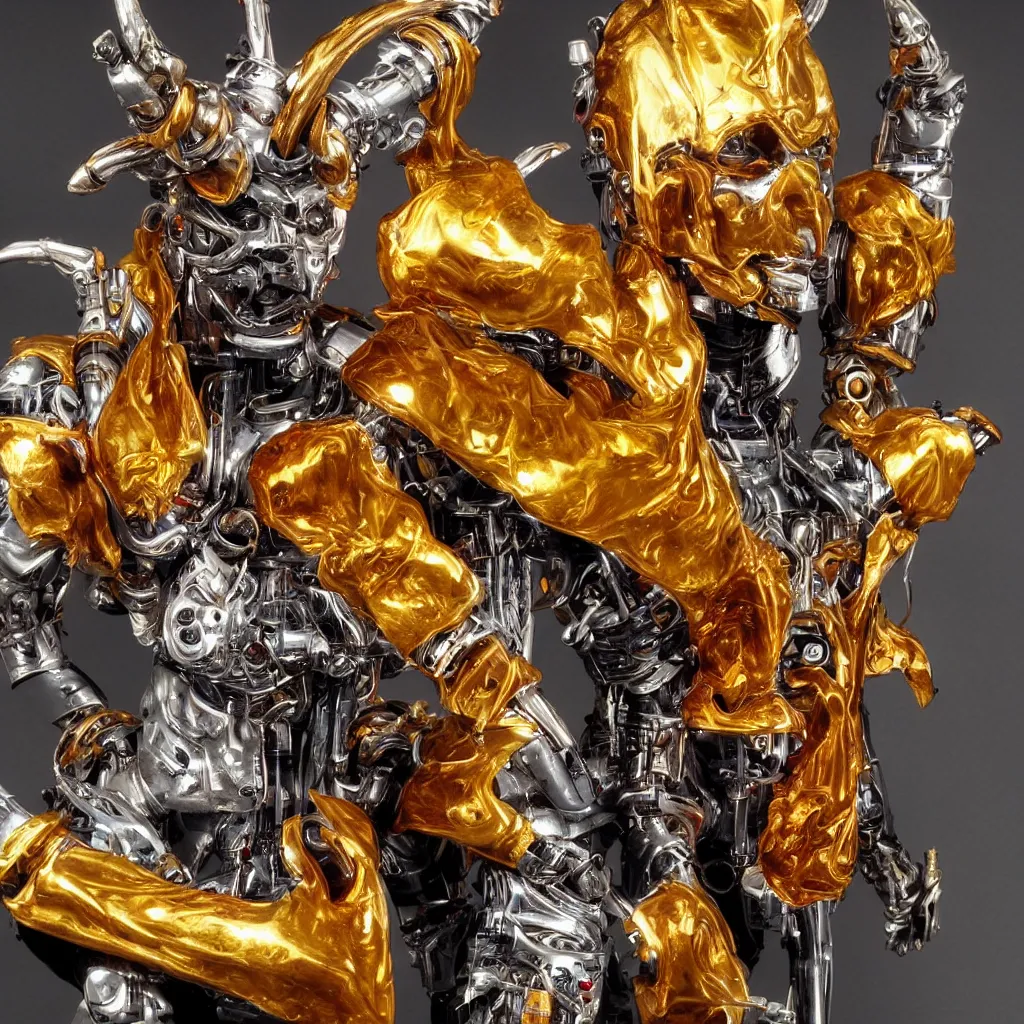 Image similar to a cyborg with gold horns, made out of colourful liquid amber