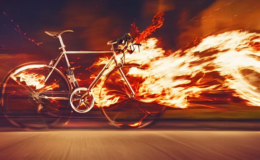 Image similar to a bicycle with a rocket engine attached to the back, flames and fire shooting out the back, light trails and motion blur, stylized photo