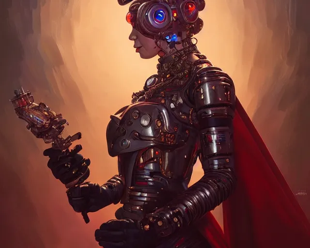 Image similar to hrh queen elizabeth as a cyborg terminator, photography of kurzgesagt, deep focus, d & d, fantasy, intricate, elegant, highly detailed, digital painting, artstation, concept art, matte, sharp focus, illustration, hearthstone, art by artgerm and greg rutkowski and alphonse mucha