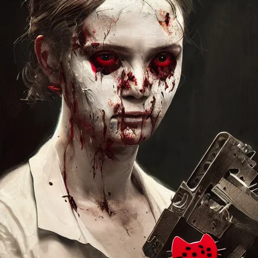 Image similar to portrait painting of a bloodied serial killer with a hello kitty mask, ultra realistic, concept art, intricate details, eerie, highly detailed, photorealistic, octane render, 8 k, unreal engine. art by artgerm and greg rutkowski and alphonse mucha