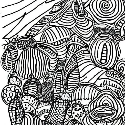 Prompt: doodle pen drawing of a alien landscape with strange life forms, detailed