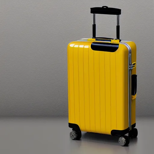 Image similar to yellow coffee mug made of rimowa aluminium suitcase, full of steaming coffee