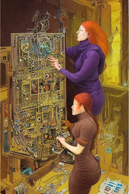 Prompt: realistic portrait of an engineer woman fixing the samsara holy cluster, fine portrait, concept art, stunning, visionary, in the style of ttrpg book illustrations, in the style of brecht evens, in the style of jean delville