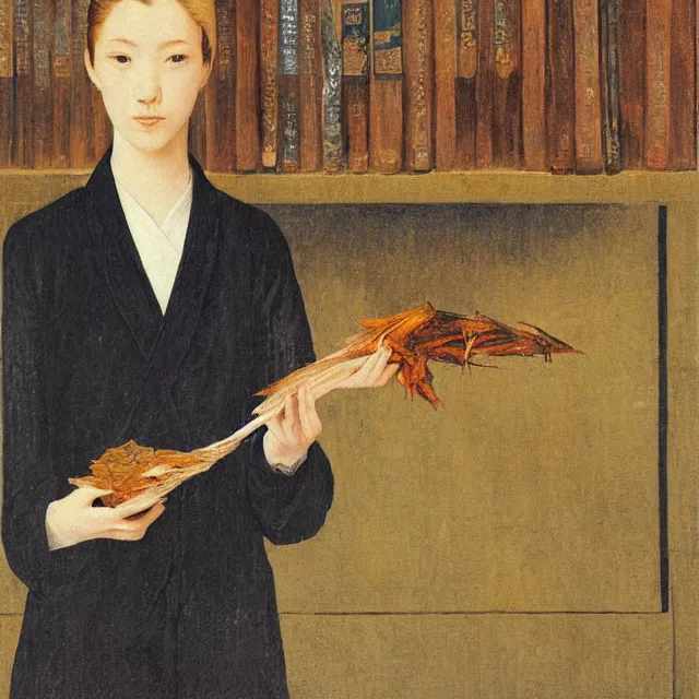 Image similar to tall emo girl artist holding a dried fish, at odawara castle, books, small portraits, persimmon, pigs, acrylic on canvas, surrealist, by magritte and monet